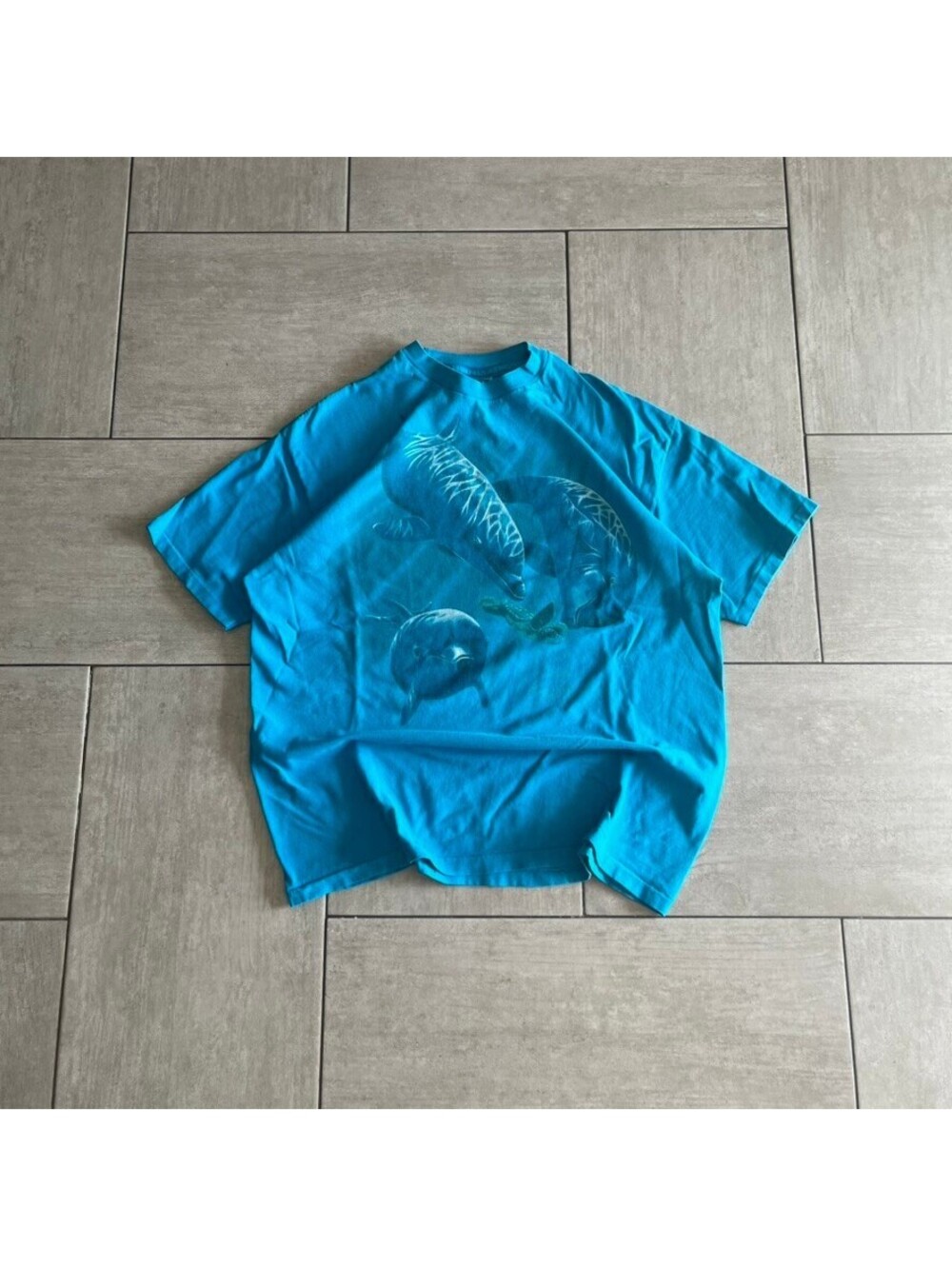 Vintage Hanes Blue Graphic Tee with Dolphins Design Size Extra Large